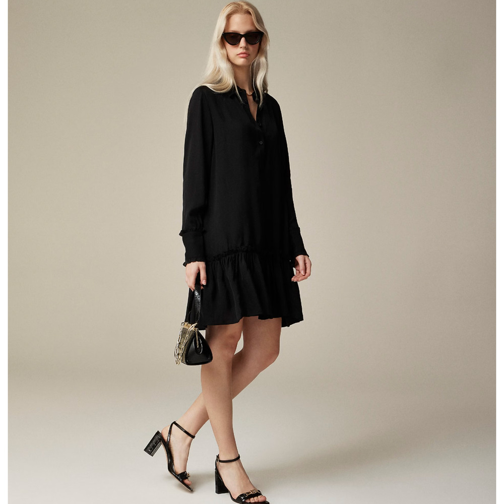 J.Crew Amelia Popover Shirt Dress Drapey Viscose Twill Long Sleeve Black XXS NWT
